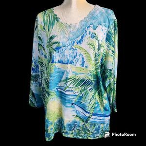 Alfred Dunner Turks and Caicos Tropical Tunic V Neck Size L NEW